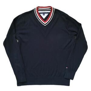 Tommy Hilfiger Men’s XL Navy Blue V-Neck Sweater Pima Cotton Classic Preppy